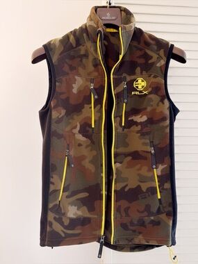 NEW! RLX CAMO YELLOW FLEECE DOUBLE ZIP VEST sz S RALPH LAUREN RRL GOLF OUTDOOR
